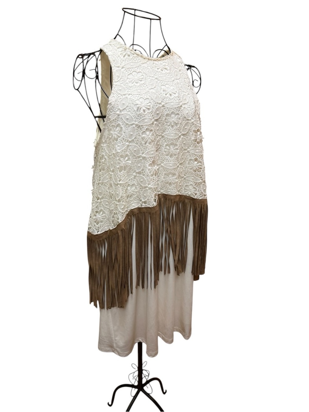 Judith March Western Boho Sleeveless White Lace Faux Leather Fringe Dress